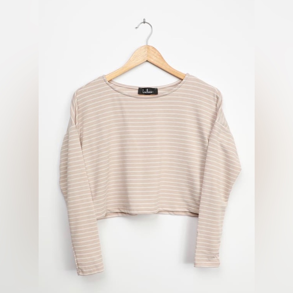 Lulu’s Fresh Start Beige Striped Long Sleeved Crop Top